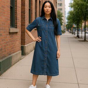 Lauren Shirt Dress Women's XS Blue Denim Maxi Petite Metal Button Collared S/S